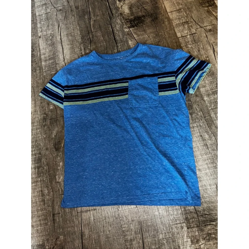 Cat & Jack Boys Blue Heathered Striped Pocket T-Shirt L 10/12 Short Sleeve‎ Crew